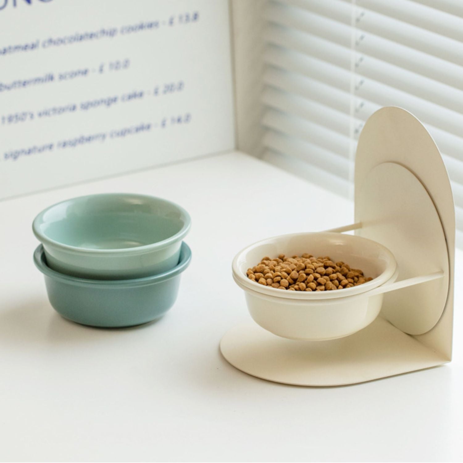 kattenkom keramiek verstelbaar vervangbare kommen in blauwgroen